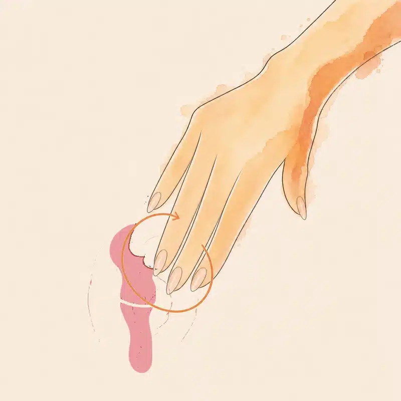 Schema: tre dita appoggiate sulla parte alta della vulva disegnano grandi cerchi
